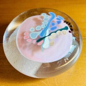 Large VINTAGE JANET & RICK NICHOLSON ART GLASS PAPER WEIGHT ‘92 pink signed